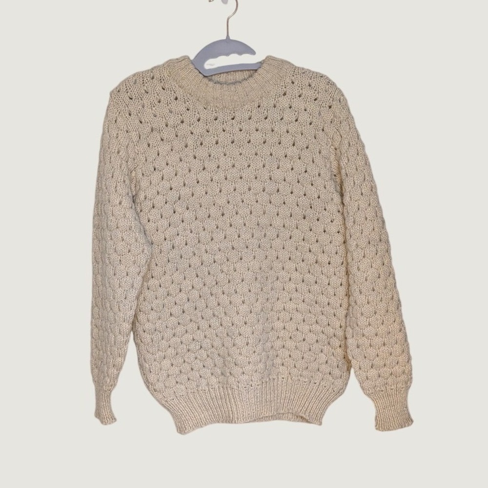 Vintage British Wool Cream Popcorn Knit Sweater Made in UK Womens Large
